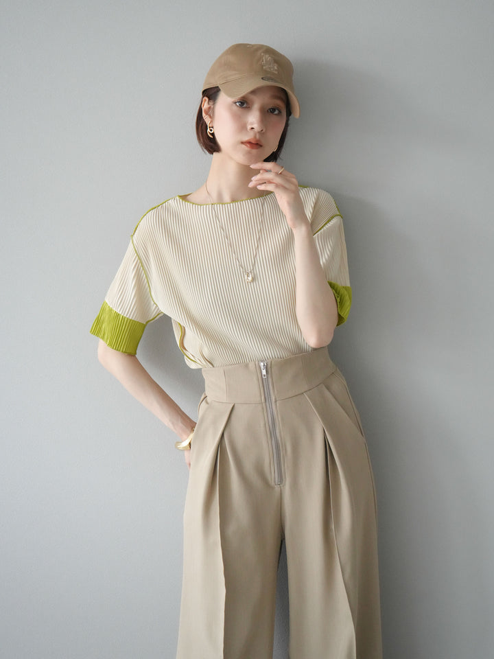 [予約]配色プリーツハーフスリーブトップス/アイボリー