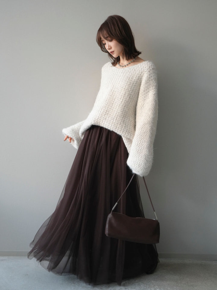 [SET]ウールタッチラメミックスヤーンVネックニットプルオーバー+チュールボリュームスカート(2set)