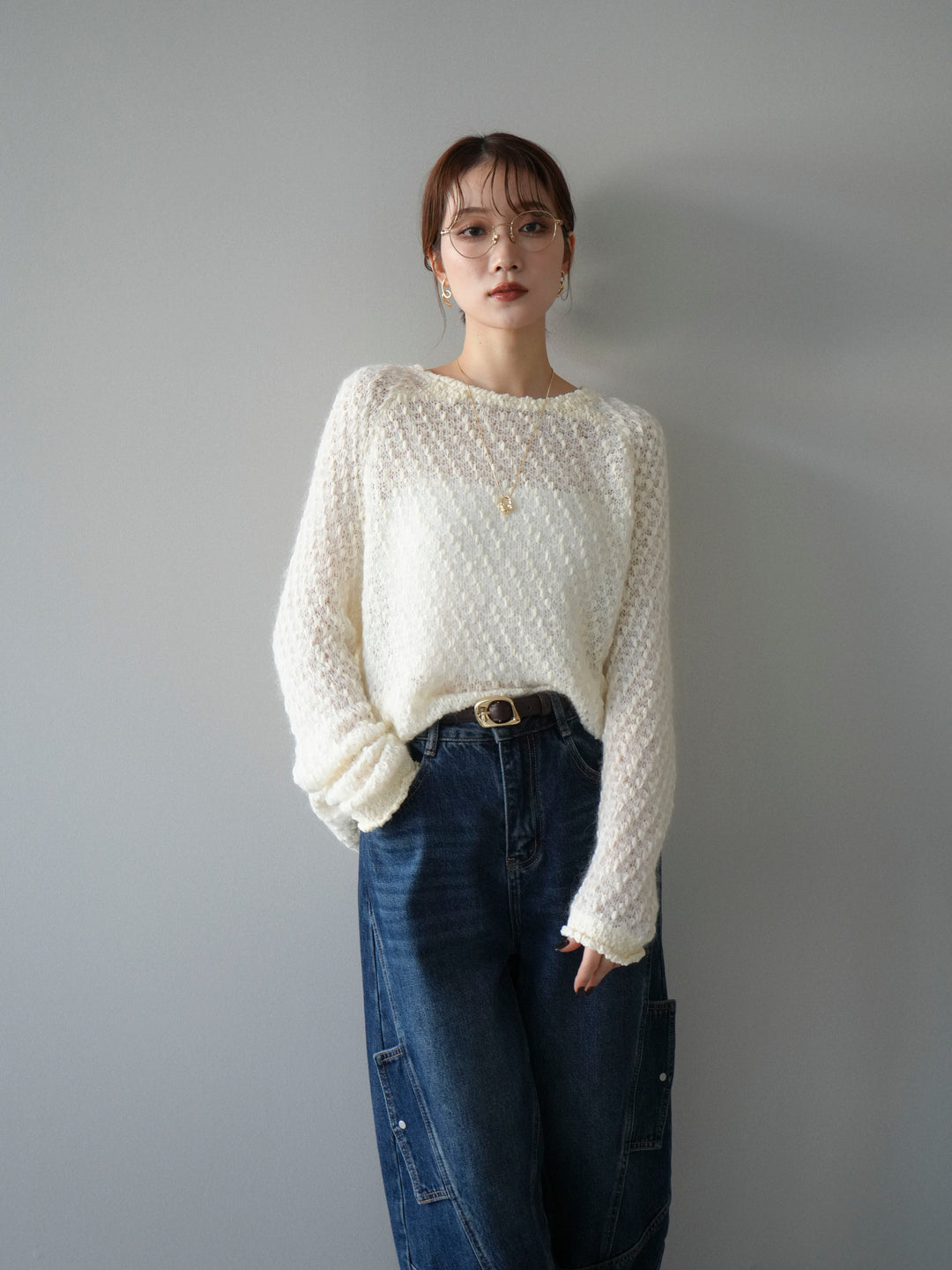 [予約]透かし編みモヘアタッチポコポコニットプルオーバー/ivory