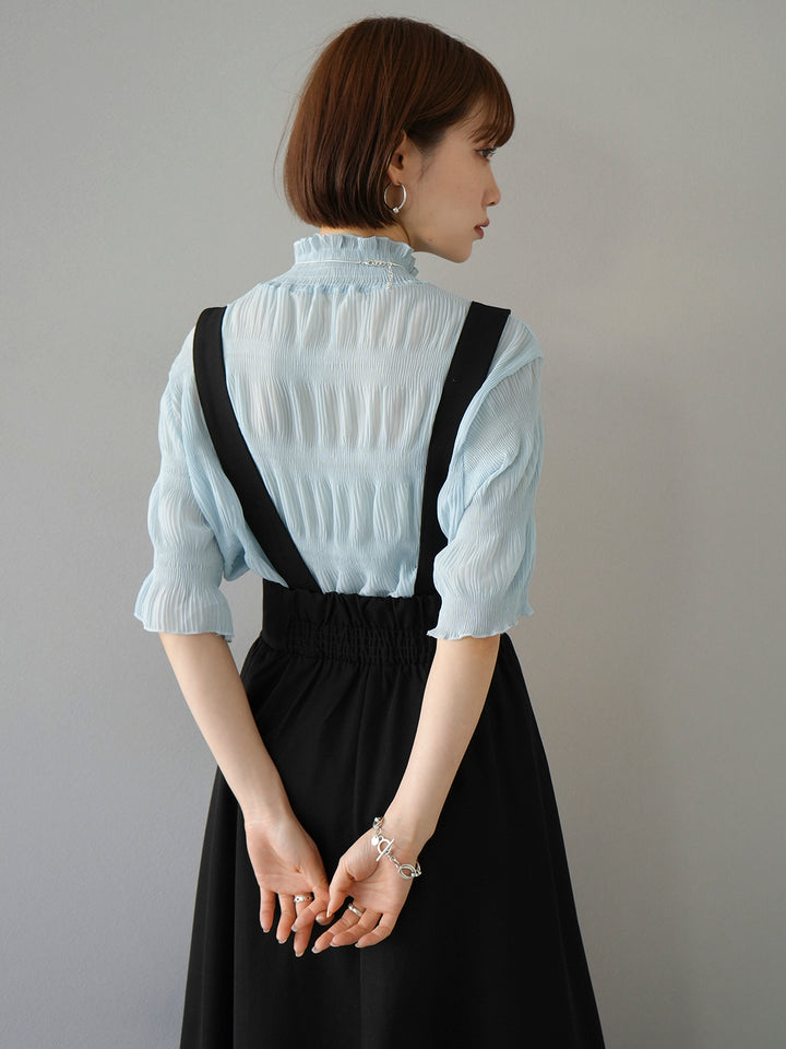 [SET] Shirring chiffon half sleeve blouse + 2WAY flare jumper skirt (2set)