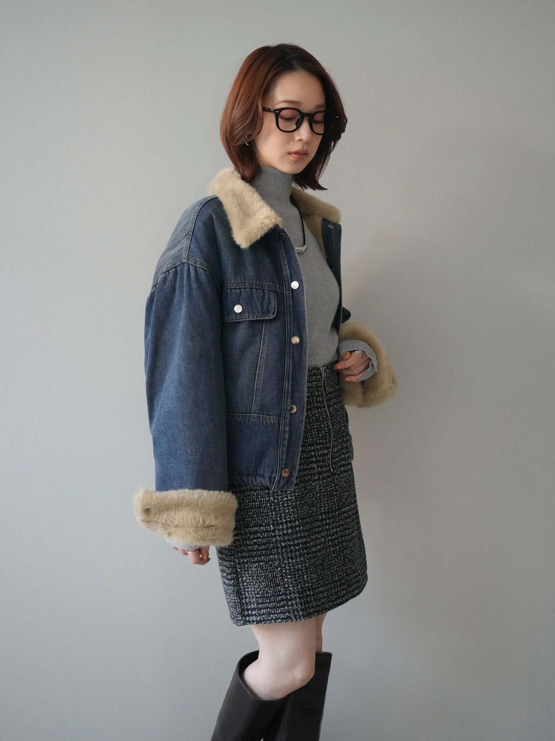 [予約]デニム×ファーステンカラーショートジャケット/blue