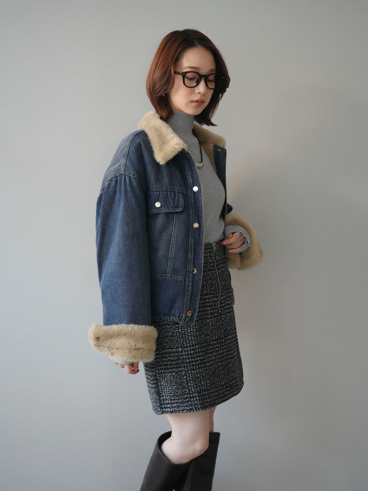 [予約]デニム×ファーステンカラーショートジャケット/blue