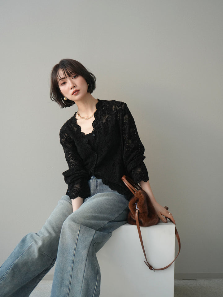 [SET]Vネックレースブラウス+裏起毛カットオフカーブデニムパンツ(2set)