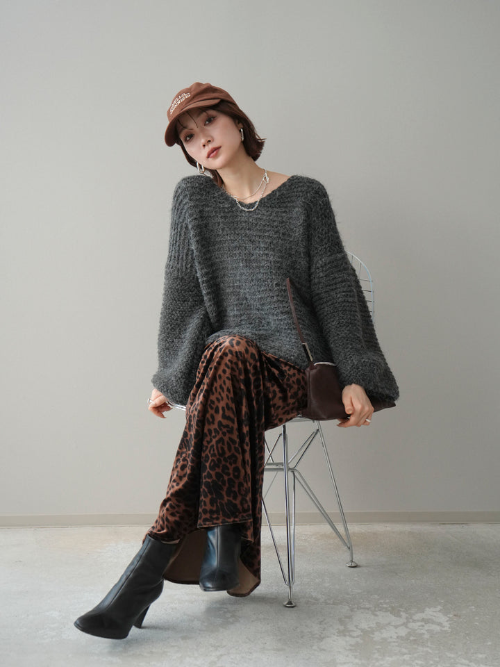 [予約]ワッフル編みシャギーニットプルオーバー/gray