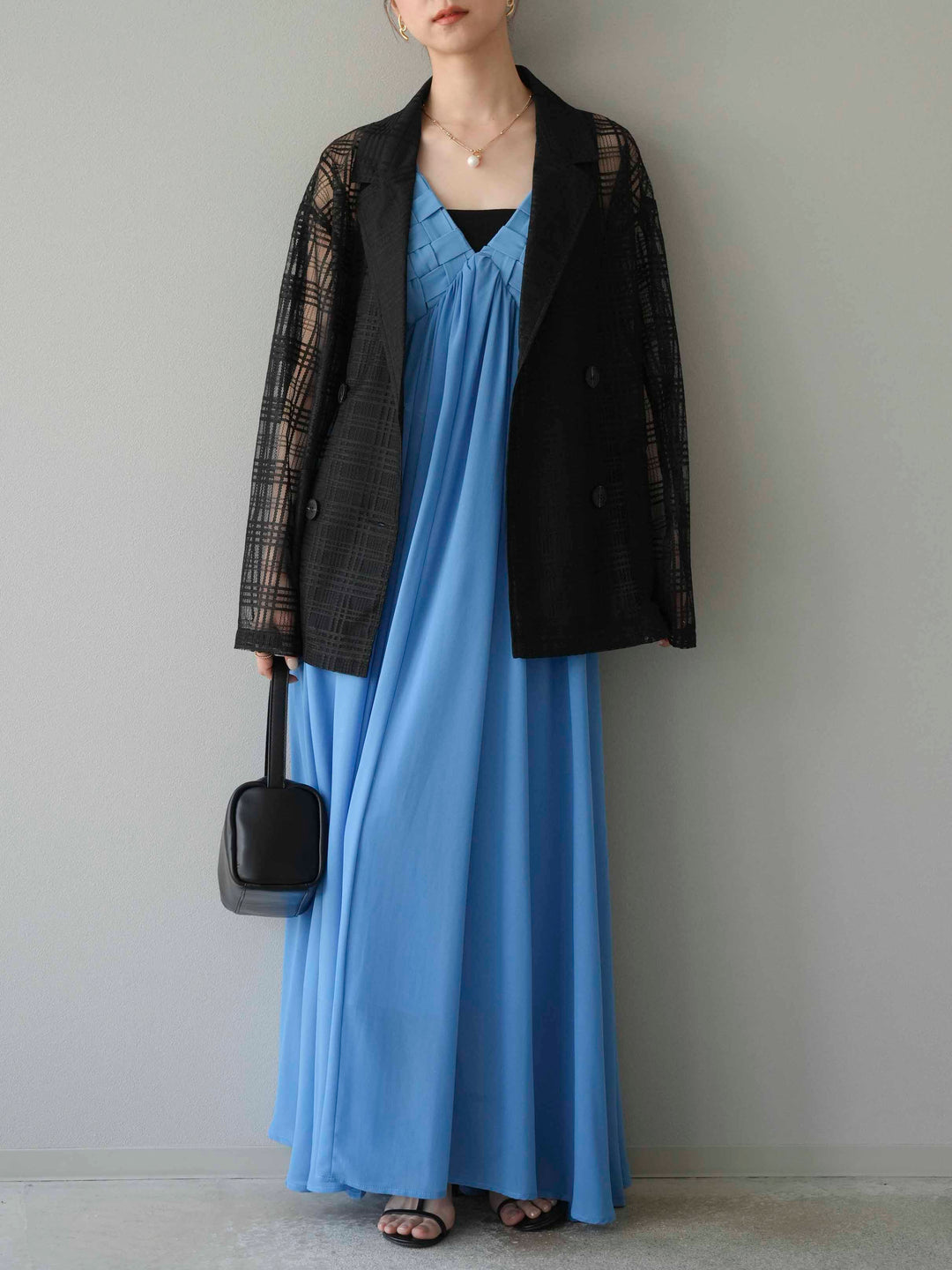 [予約]編み込みデザインシフォンワンピース/ブルー