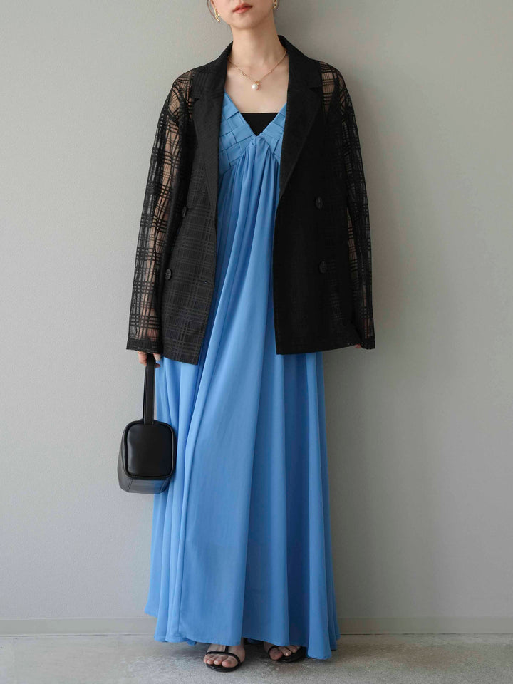 [予約]編み込みデザインシフォンワンピース/ブルー