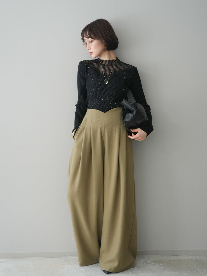 [SET]シアー切替スパンコールリブニットトップス+デザインハイウエストワイドパンツ(2set)