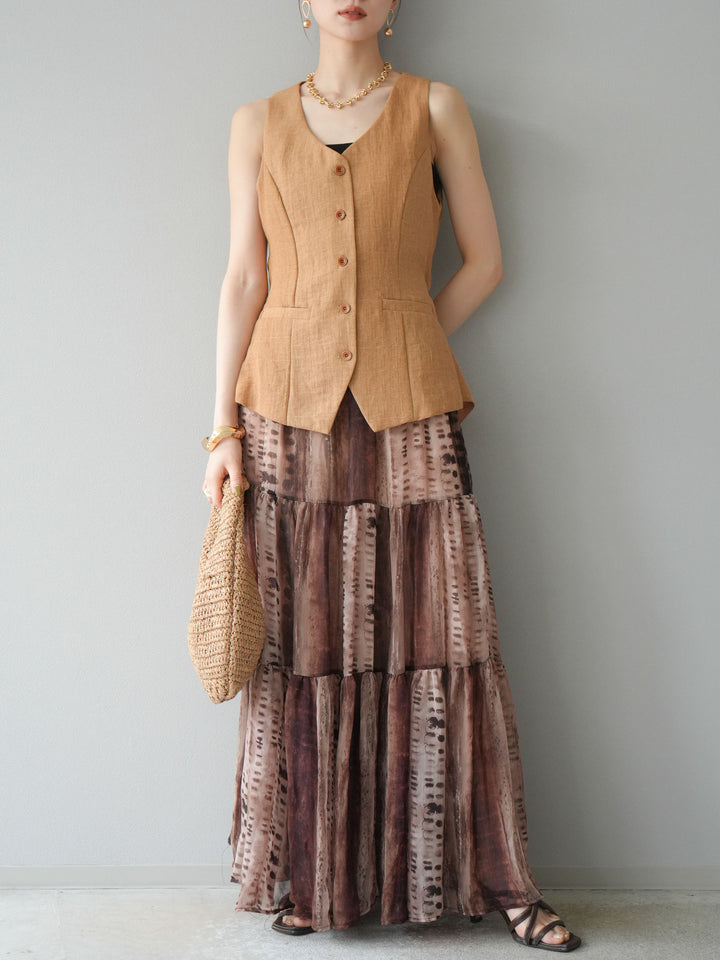 [SET]リネンタッチバックオープンベスト＆ニュアンス柄マキシスカートSET UP(2set)