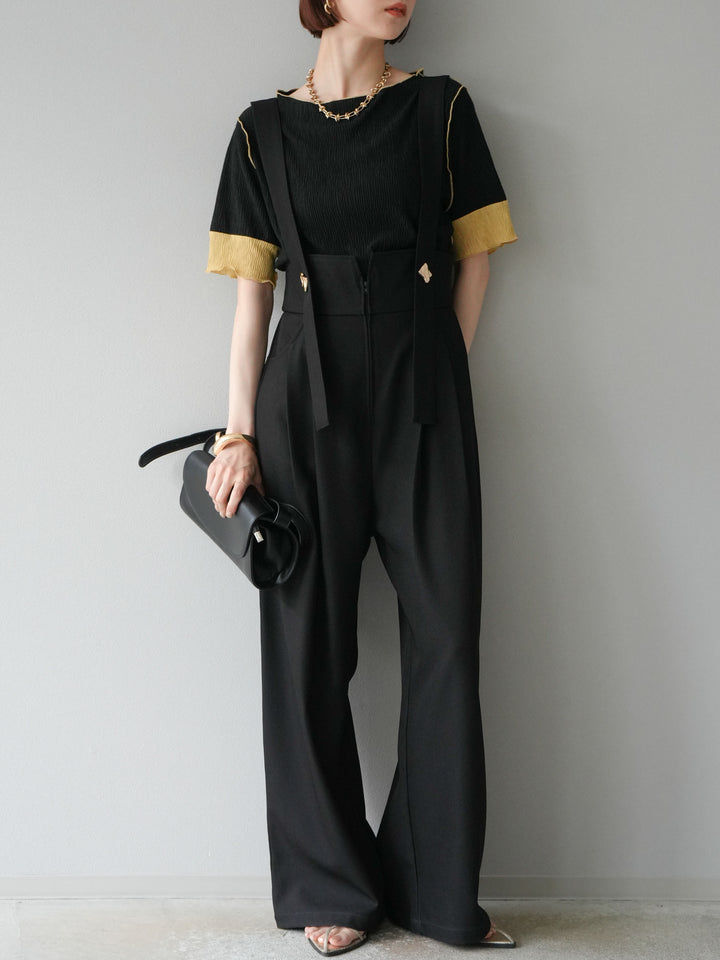 [SET]プリーツ配色ボートネックプルオーバー+ゴールドボタンサスペンダーワイドパンツ(2set)