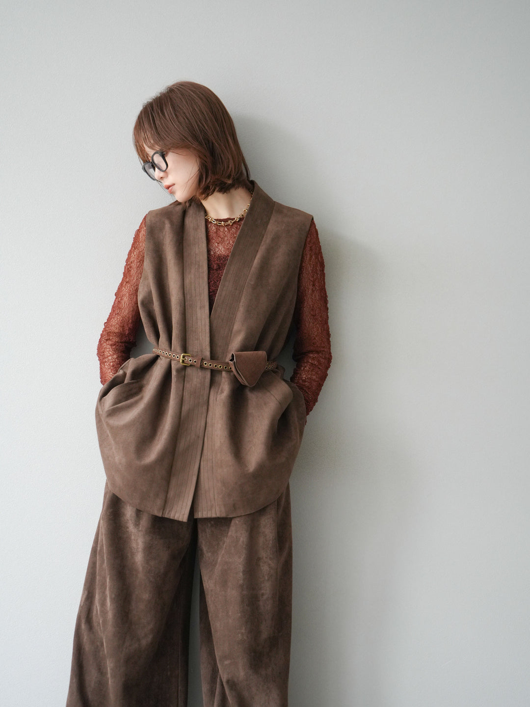 [SET]ポーチベルト付スウェードジレ×パンツSET UP(2set)
