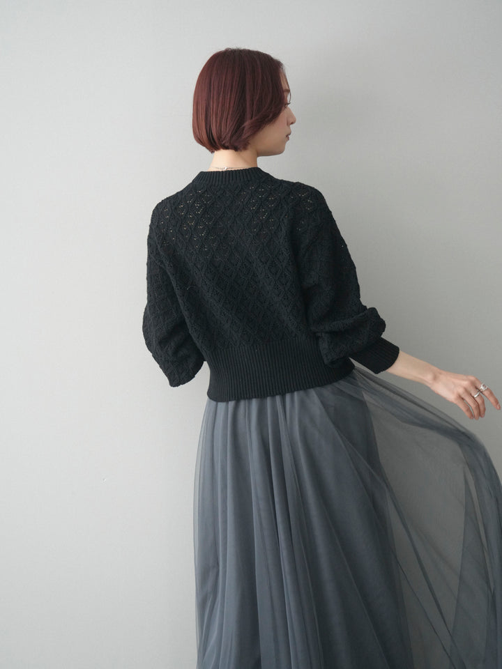 [予約]透かし編みフロントジップスリットニットプルオーバー/black