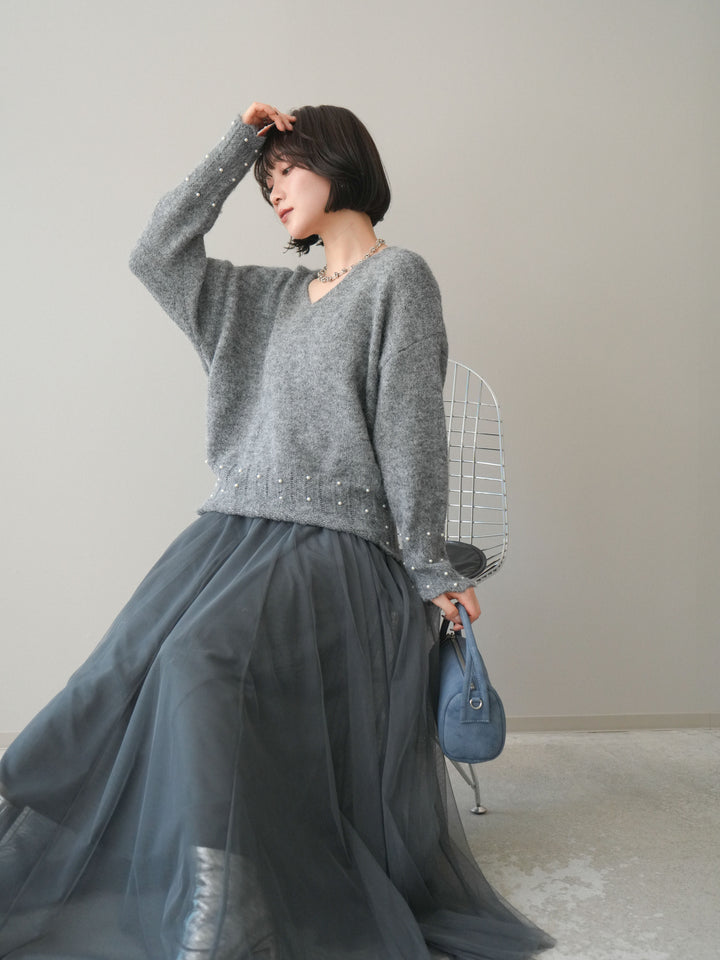 [SET]パールフリルリブヘムニットプルオーバー+選べるアクセセット(2set)