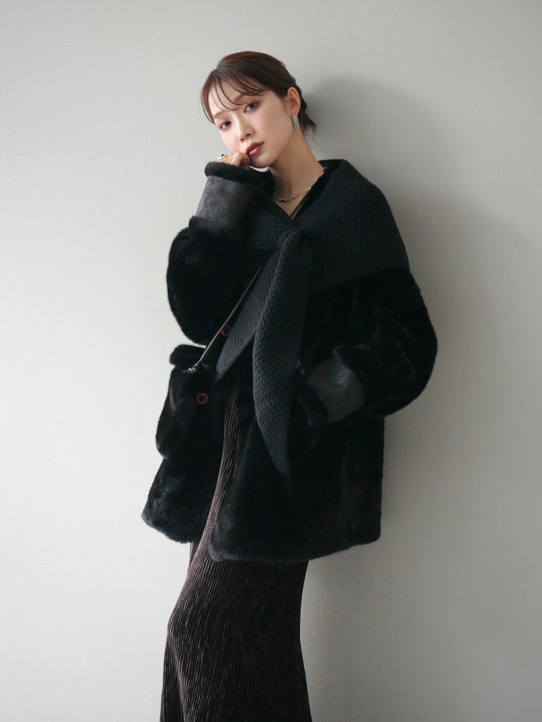 [SET]バッグ付エコファーノーカラーコート+選べるアクセセット(2set)