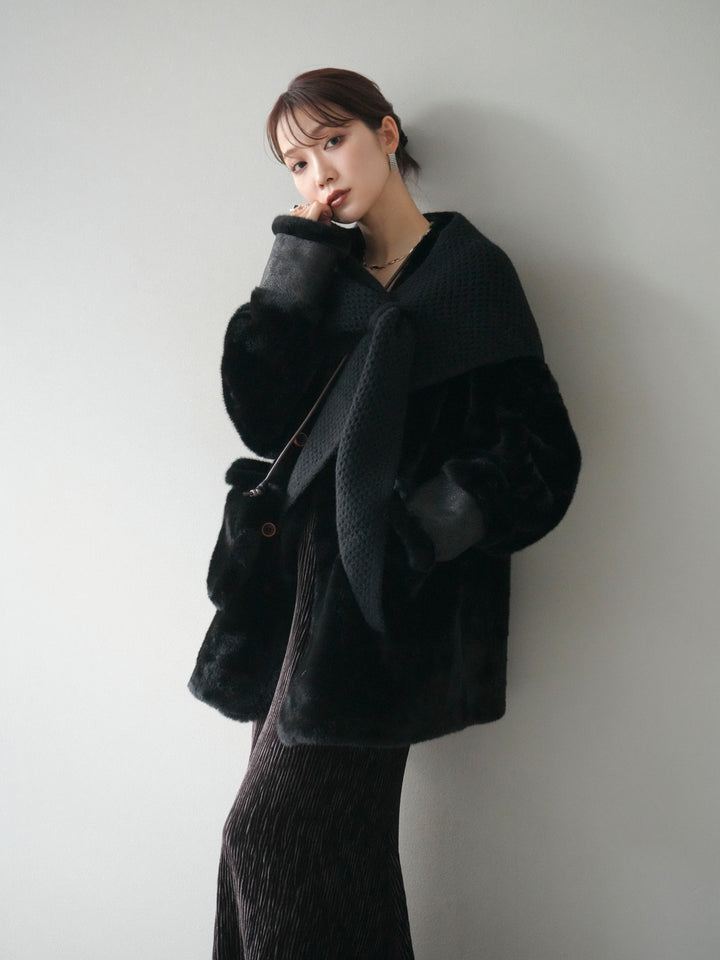 [SET]バッグ付エコファーノーカラーコート+選べるアクセセット(2set)