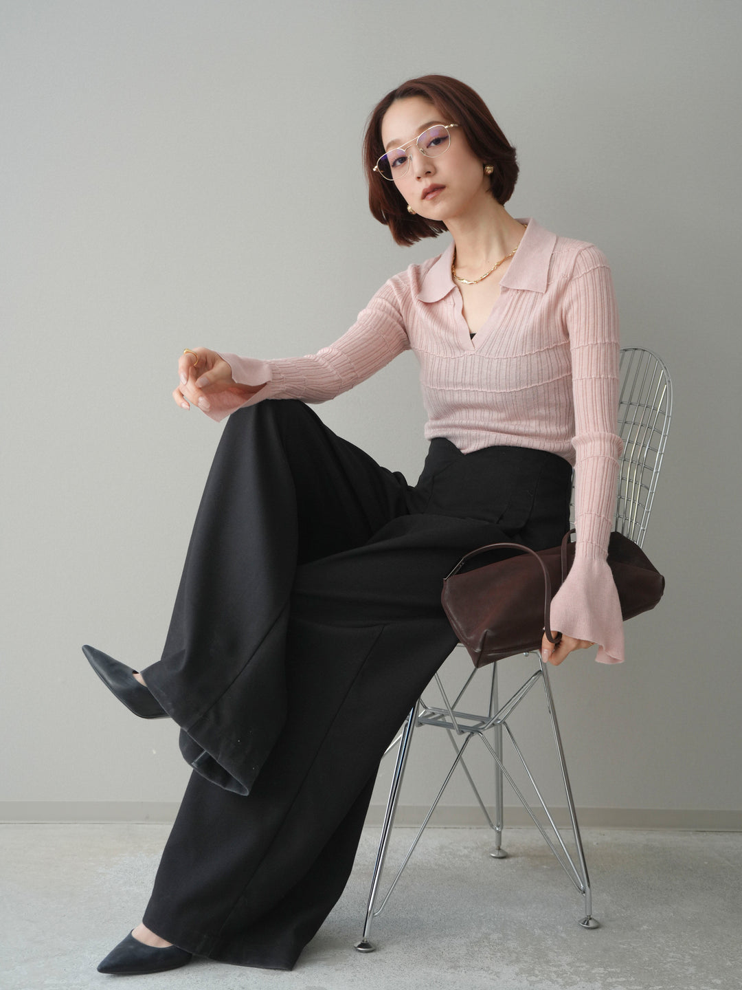 [予約]シアーリブスキッパーニットトップス/pink