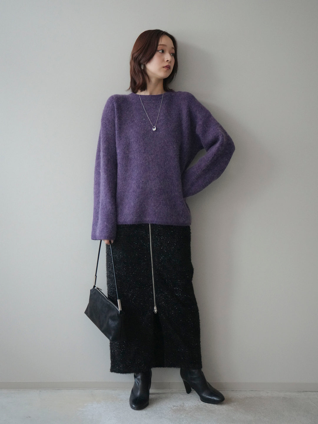 [SET]アンゴラタッチクルーネックニットプルオーバー+ラメシャギーフロントジップスカート(2set)