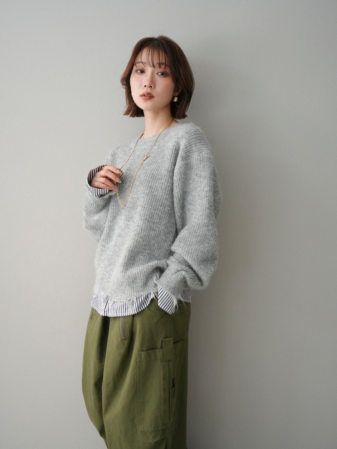 [SET]裾シャツレイヤードダメージニットプルオーバー+ストーンフォークリング(2set)