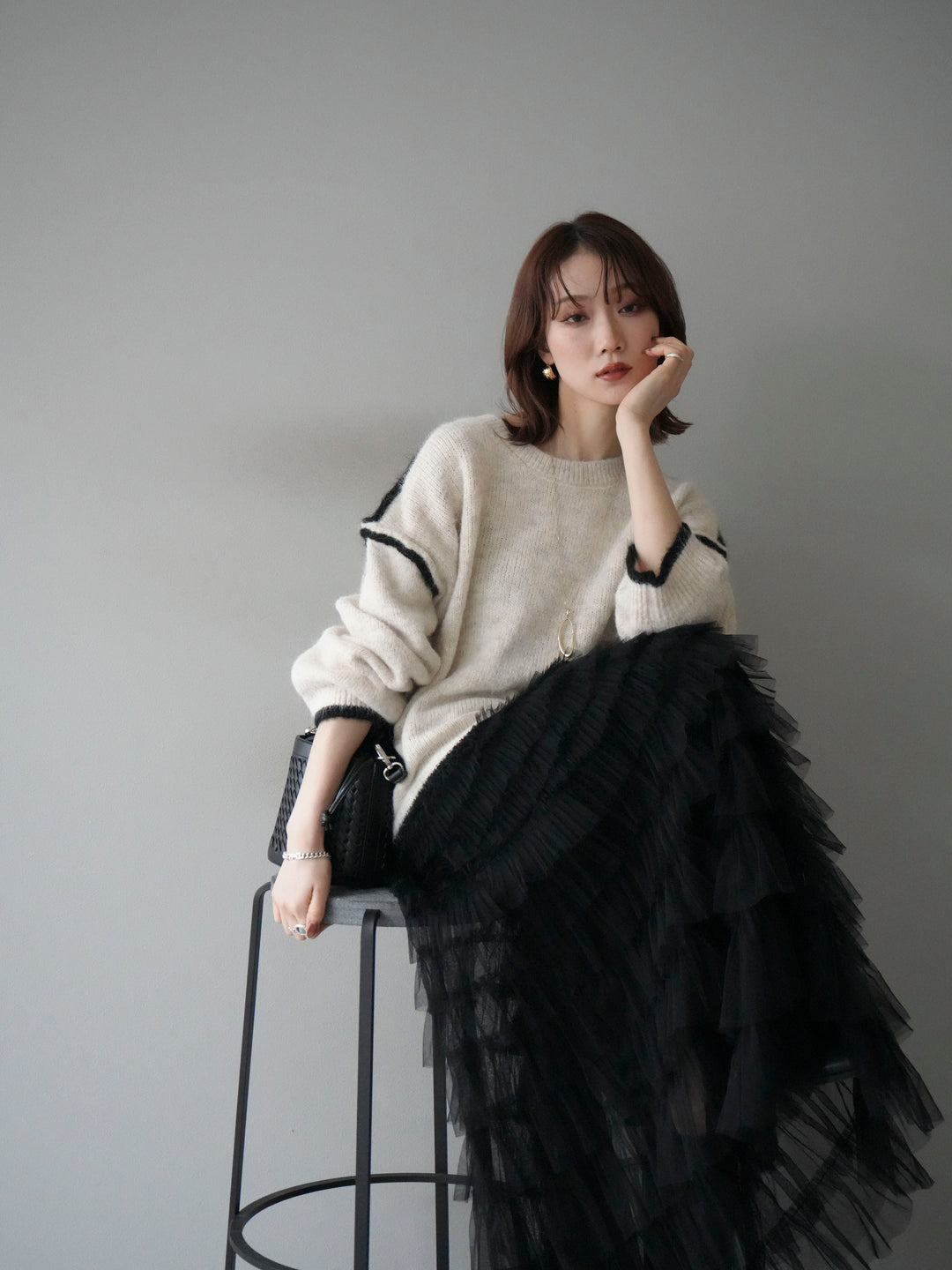 [予約]バイカラーレイヤードデザインニットプルオーバー/apricot