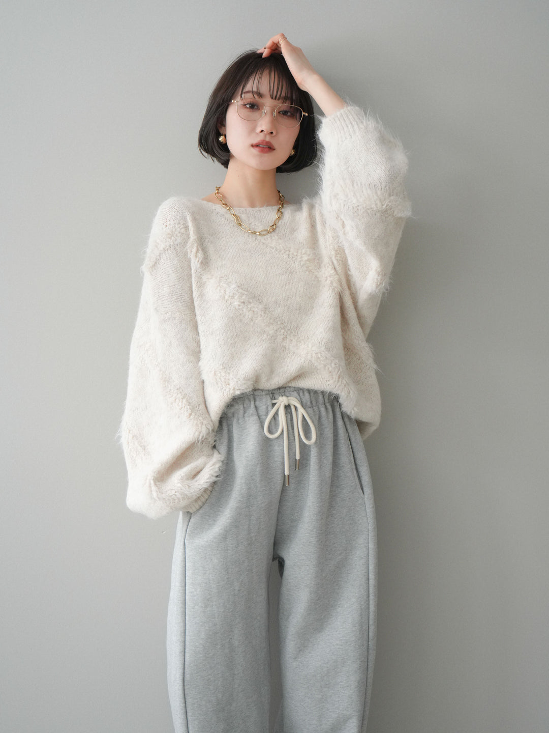 [SET]シャギーデザインニットプルオーバー+裾ZIPスエットワイドパンツ(2set)