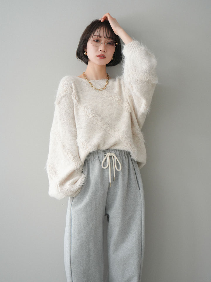 [SET]シャギーデザインニットプルオーバー+裾ZIPスエットワイドパンツ(2set)