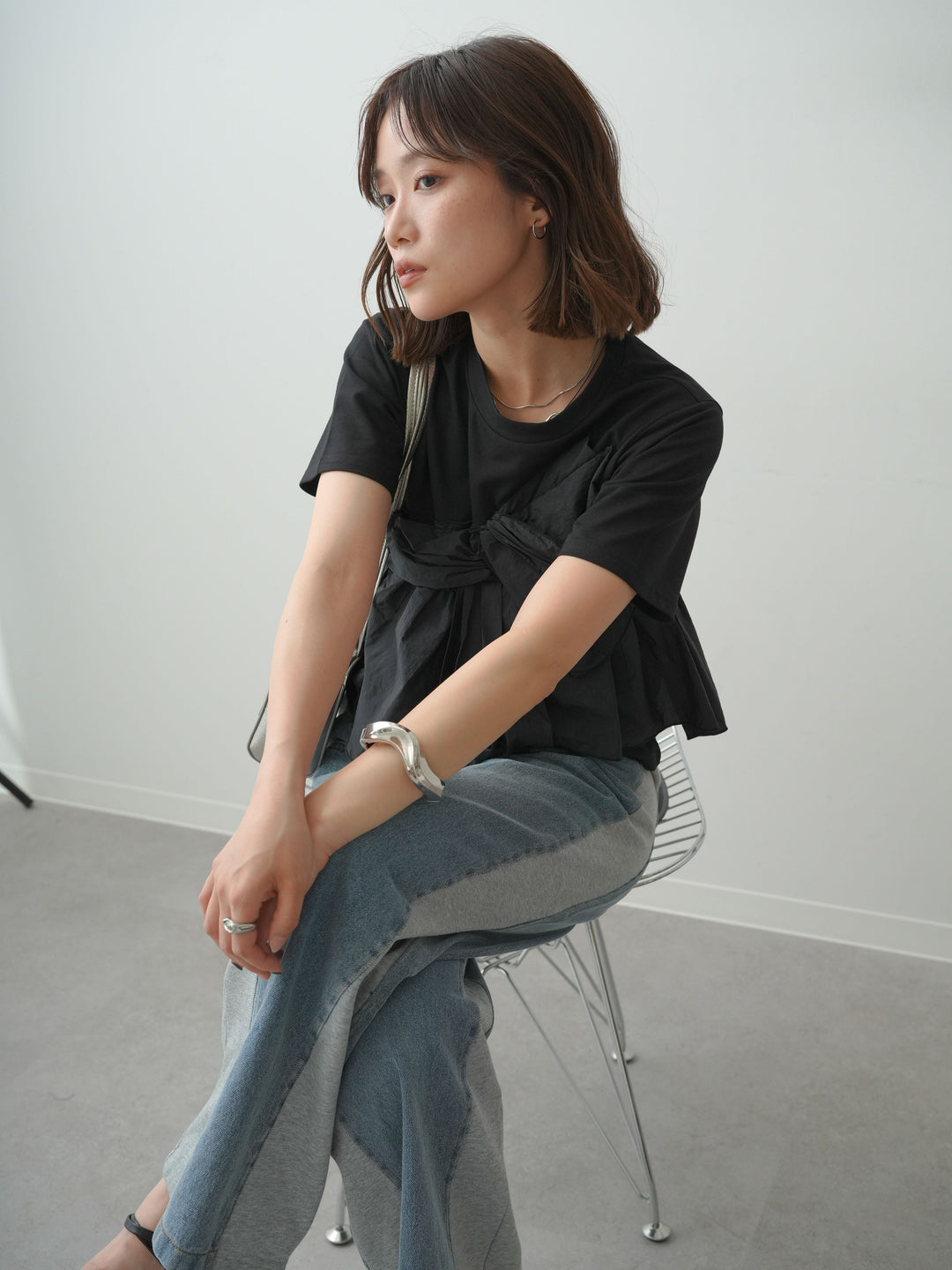 [SET]ナイロンドッキングツイストTEE +デニム切替スウェットパンツ(2set)