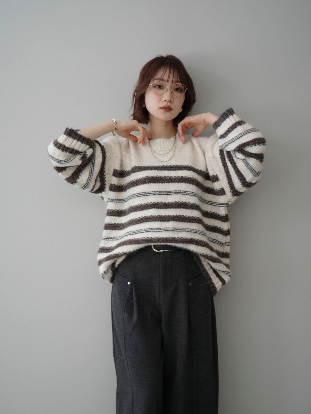 [SET]ステッチボーダーニットプルオーバー+ベルト付起毛コクーンパンツ(2set)