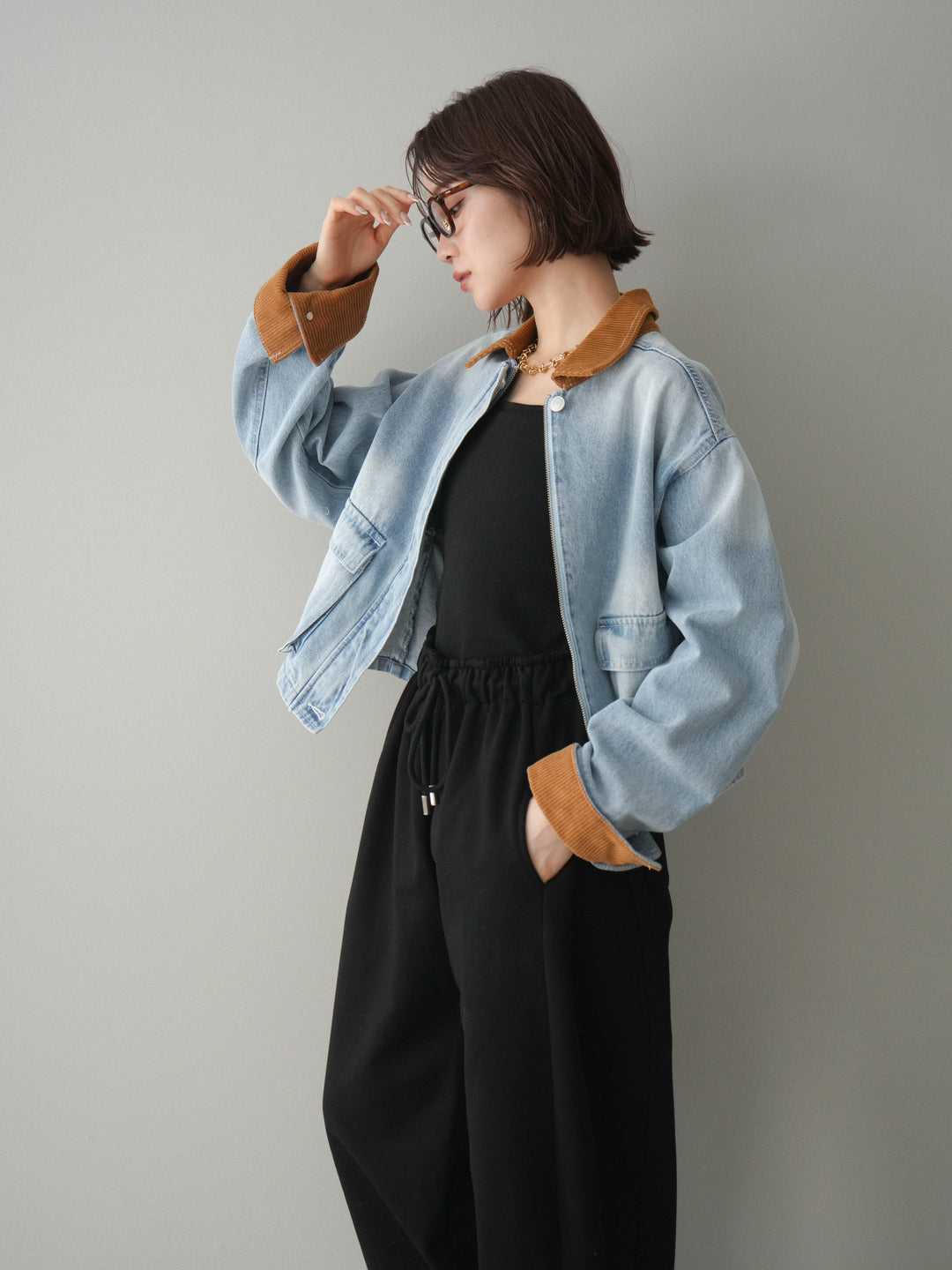 [予約]コーデュロイ×デニムショートカバーオール/bleach