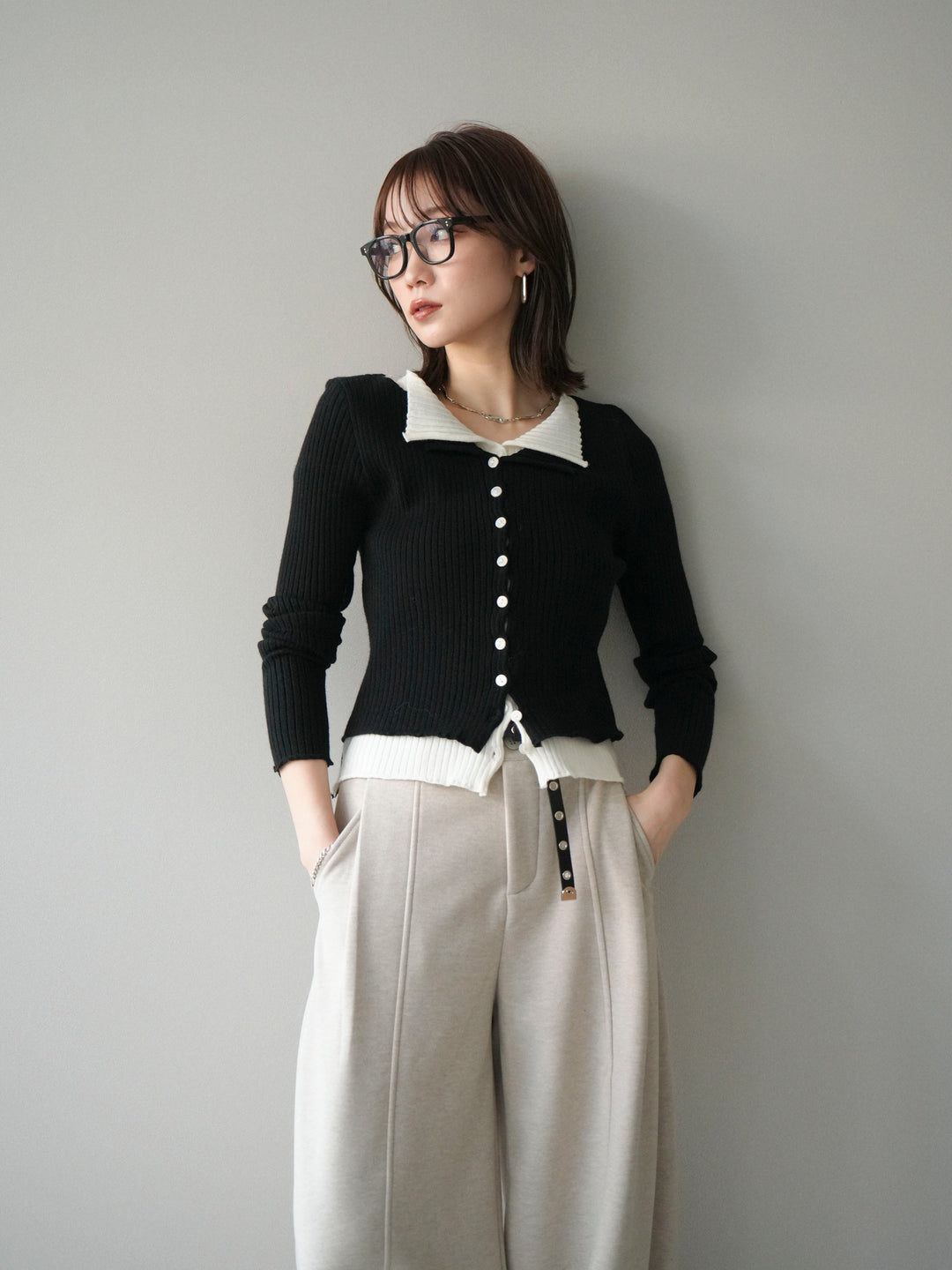 [予約]配色レイヤードリブニットカーディガン/black