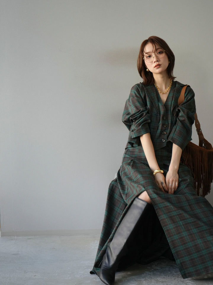 [SET]チェック柄ショートジャケット+チェック柄ベスト+チェック柄タックフレアスカート(3set)