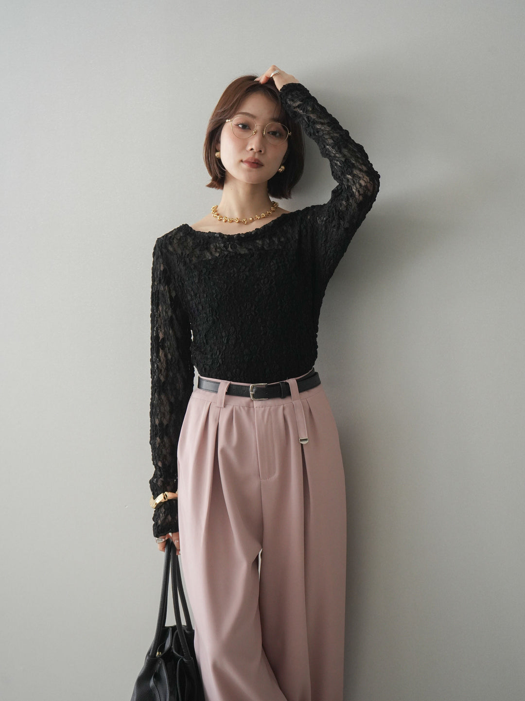 [予約]サイドギャザーレーストップス/black