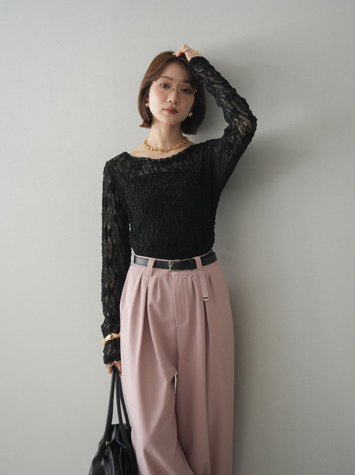 [予約]サイドギャザーレーストップス/black