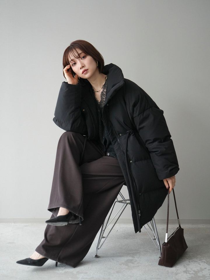 [20%オフ]スタンドカラーウエストベルトミドルダウンコート/black