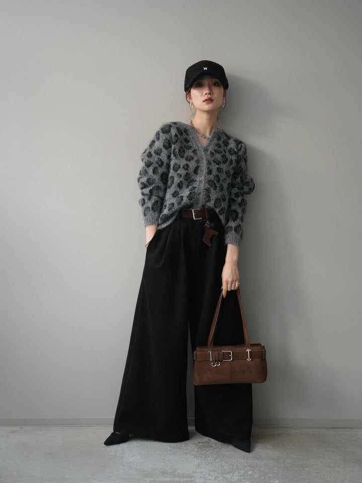 [SET]モヘアタッチレオパード柄ニットカーディガン+モチーフベルト付スエードタックワイドパンツ(2set)