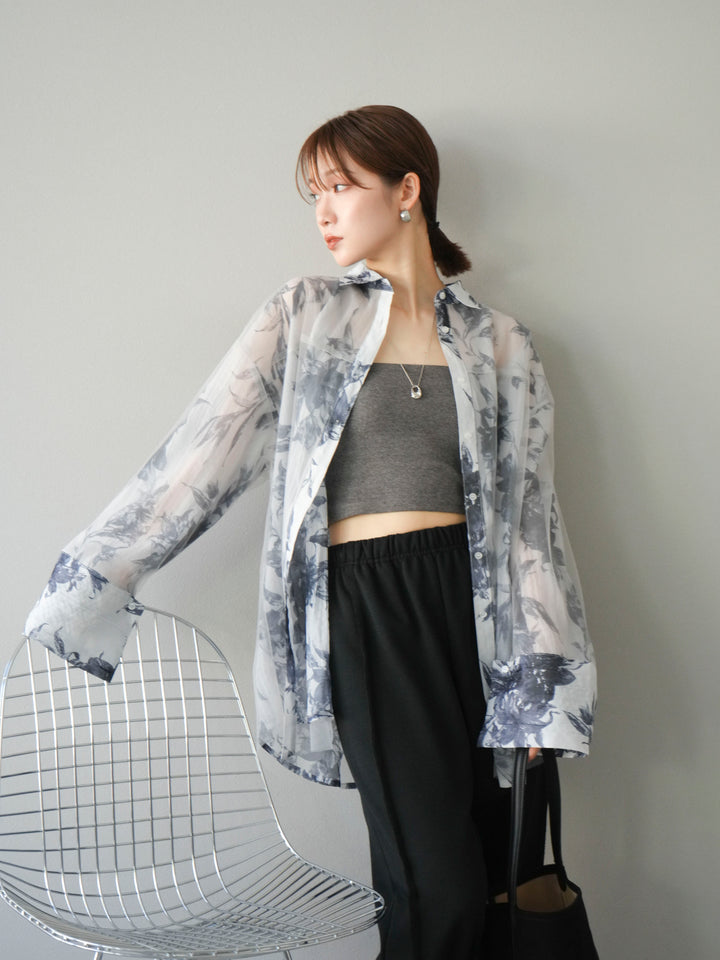 [予約]チュールドッキングフラワー柄オーバーサイズシャツ/グレー