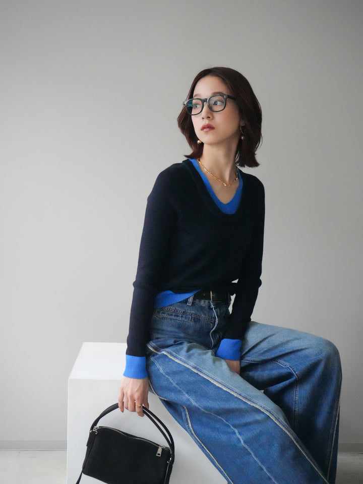 [SET]Uネック配色レイヤードリブニットトップス+サイドフリンジワイドデニムパンツ(2set)