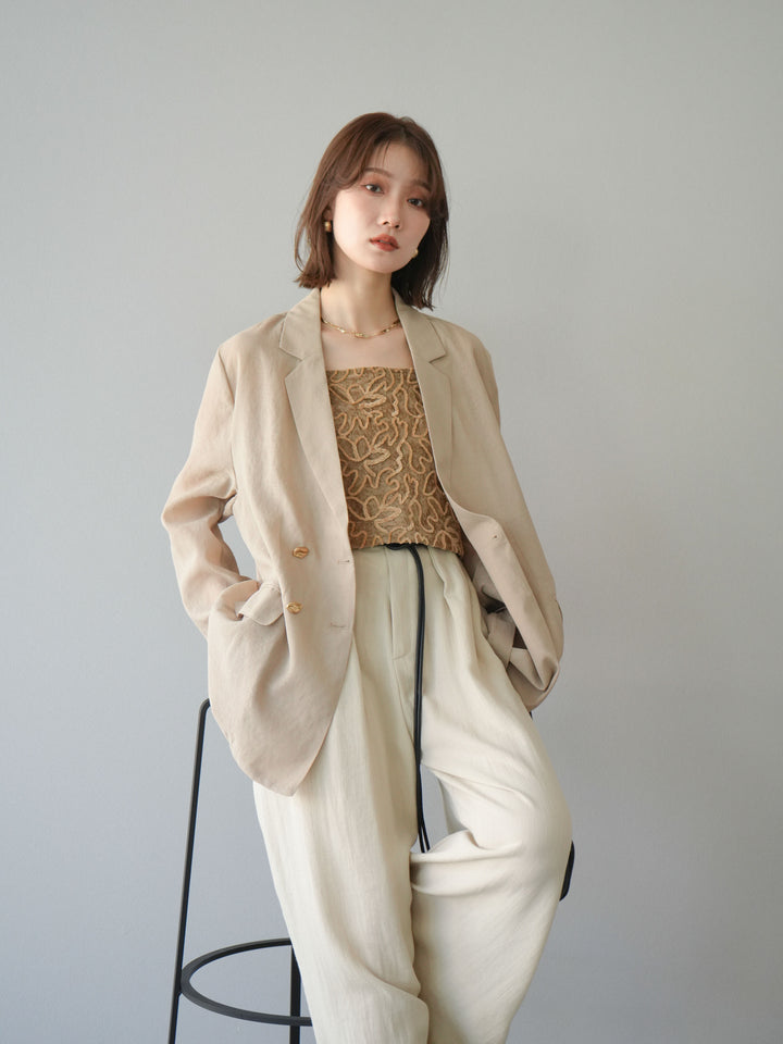 [SET] 金色扣環透視外套 + 滾邊花朵透視天鵝絨吊帶背心 + 繩紋腰帶麻感寬褲 (3 件套)