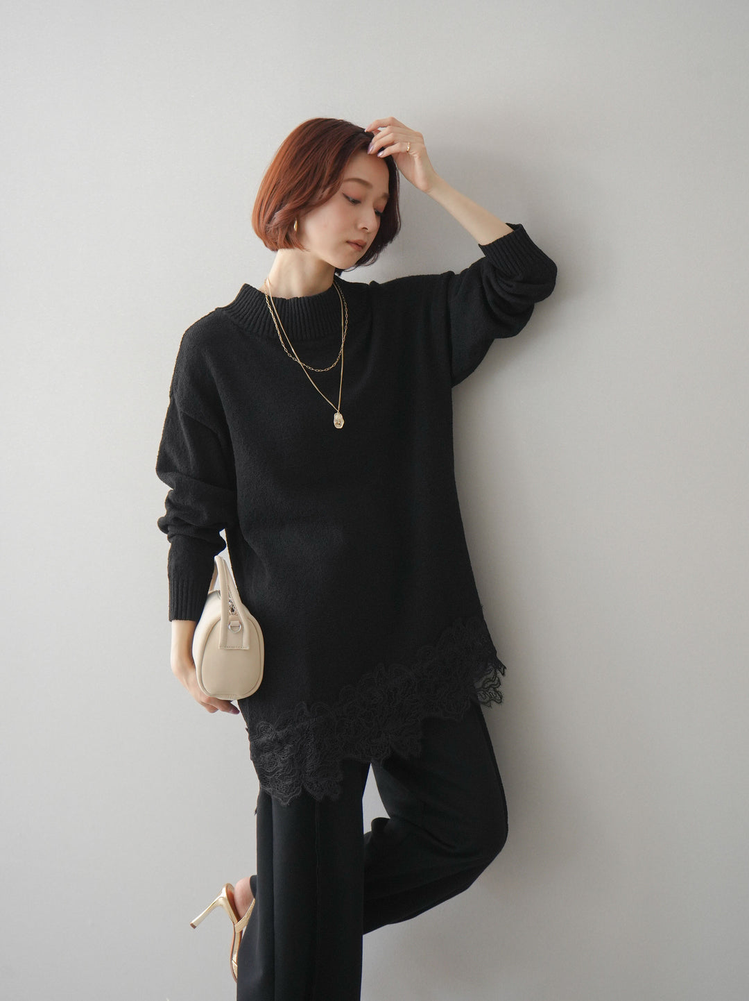 [SET]アシンメトリーレースヘムニットプルオーバー+2WAYデザインスウェットパンツ(2set)