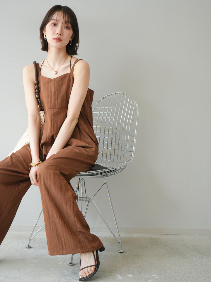 [SET]リネンライクビスチェデザインサロペット+ダブルストラップカットリブブラキャミソール(2set)