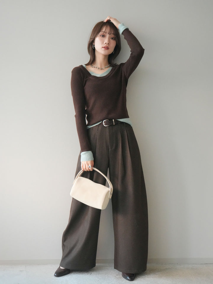 [SET]Uネック配色レイヤードリブニットトップス+アニマル柄ベルト付きウールタッチワイドパンツ(2set)