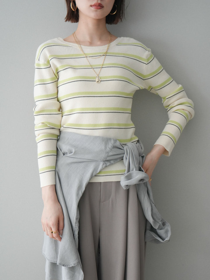 [予約]バックオープンテレコリブマルチボーダートップス/ivory