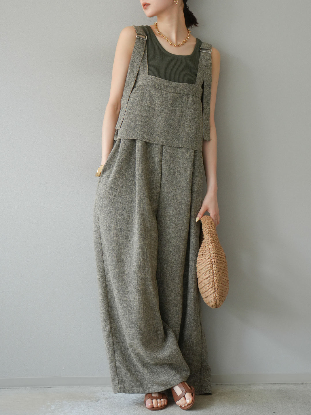 [予約]サマーツイードケープサロペット/ブラウン