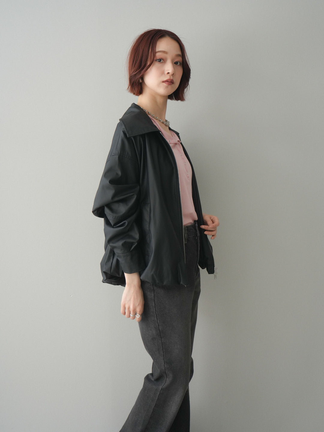[予約]ウォッシャブルフェイクレザーバルーンジャケット/black