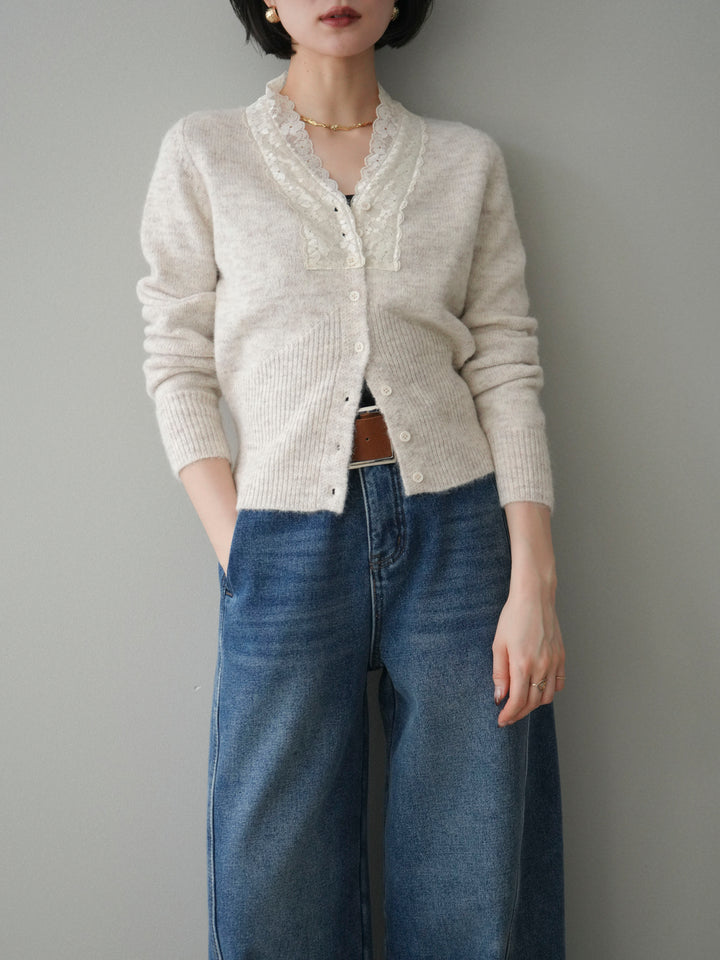 [SET]レースネックコンパクトニットカーディガン+選べるアクセセット(2set)