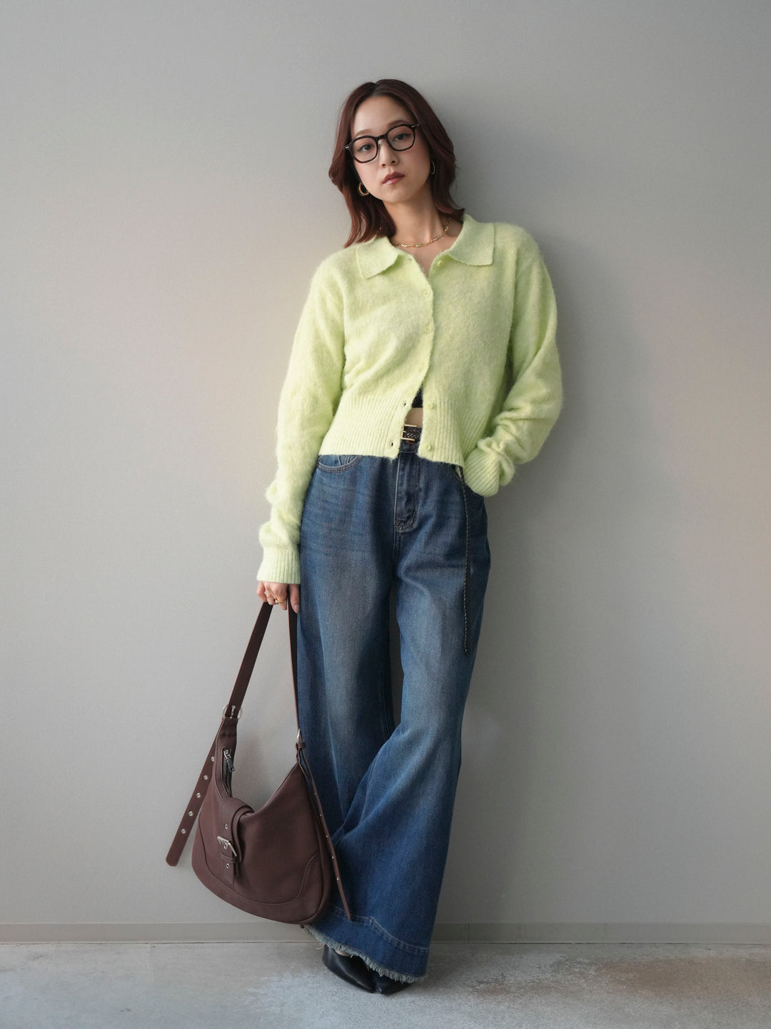 [SET]モヘア衿付きボタンプルオーバー+裏起毛裾フリンジワイドデニムパンツ(2set)