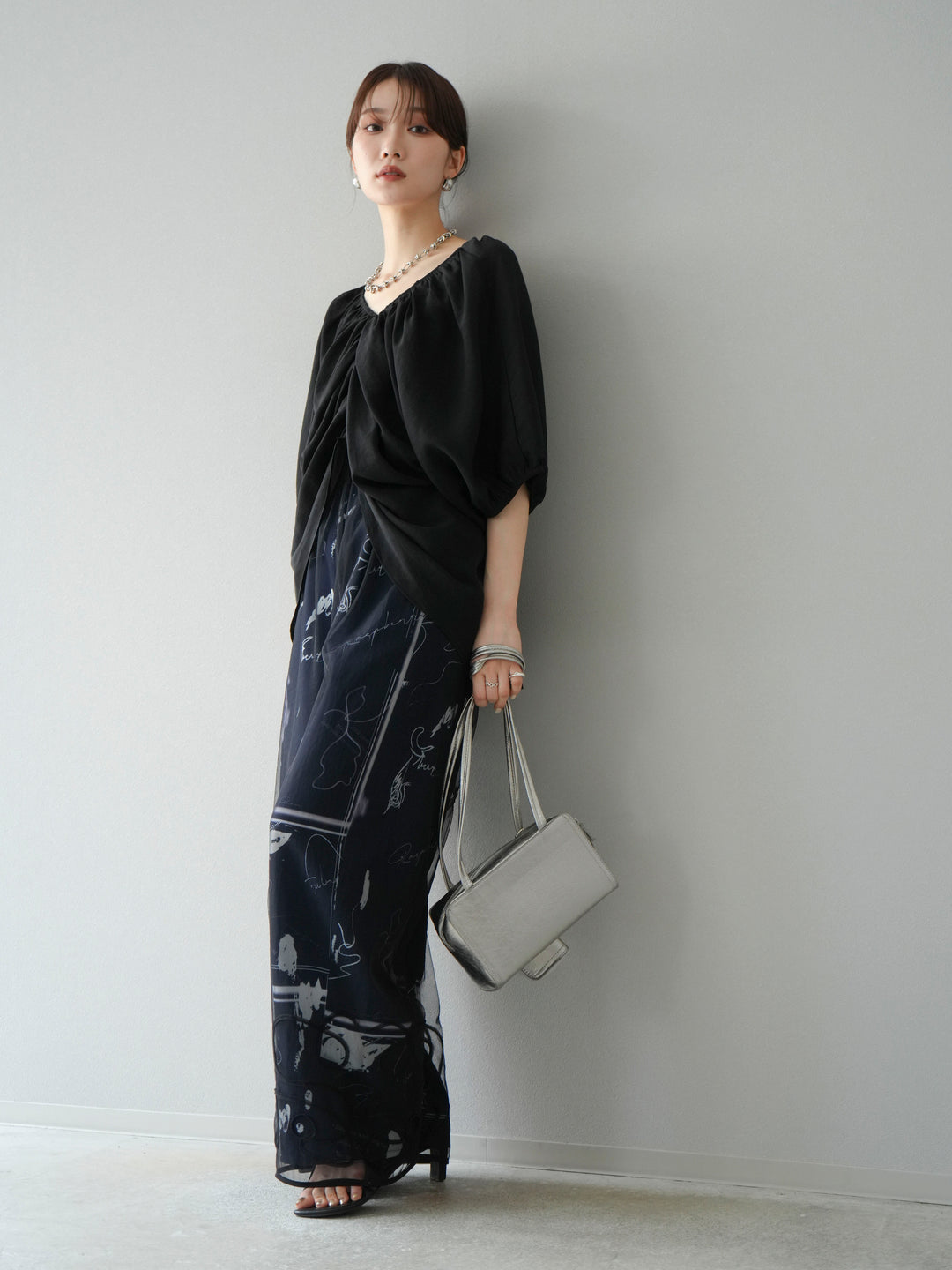 [SET]ボリュームスリーブシアータックブラウス+コード刺繍チュールレイヤードパンツ(2set)