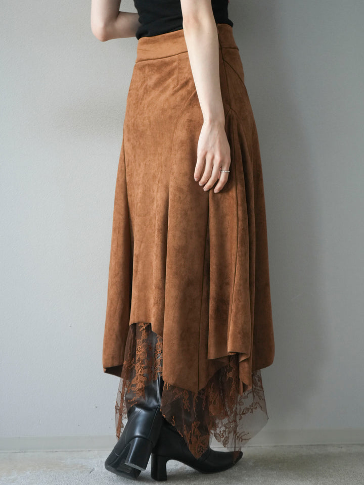 [予約]スエード裾レースアシンメトリースカート/camel