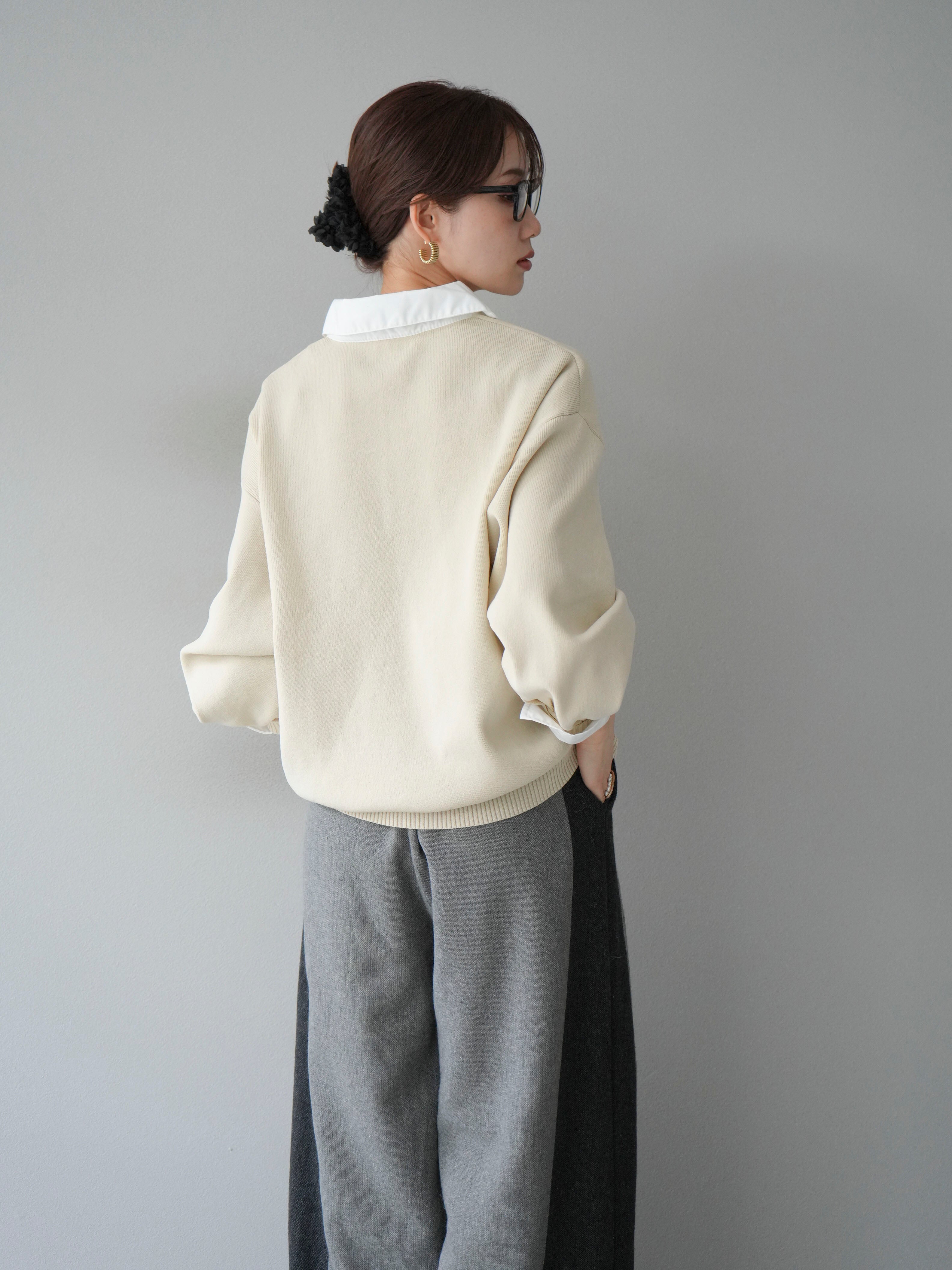 SET]襟付きポロニットプルオーバー+ツイードサイド配色ワイドパンツ