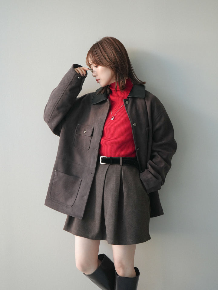 [SET]襟レザーステンカラースエードジャケット+ベルト付きタックミニスカート(2set)