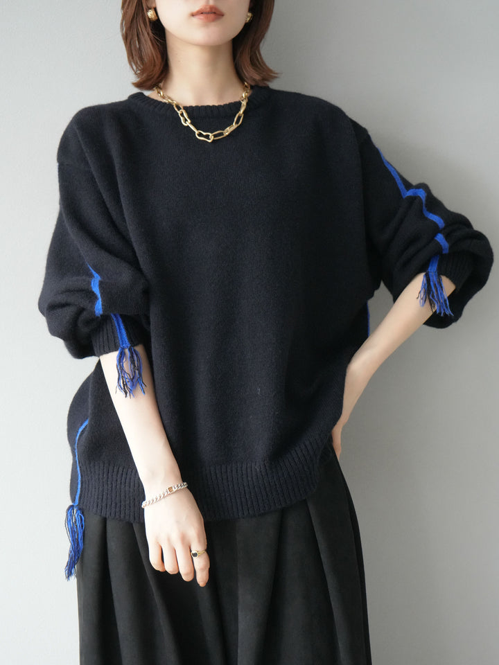 [SET]配色ステッチフリンジニットプルオーバー +スウェードタックワイドパンツ(2set)