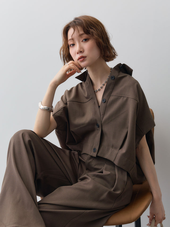 【套裝】縐綢燈籠無袖襯衫 + 縐綢闊腿褲（兩件套）